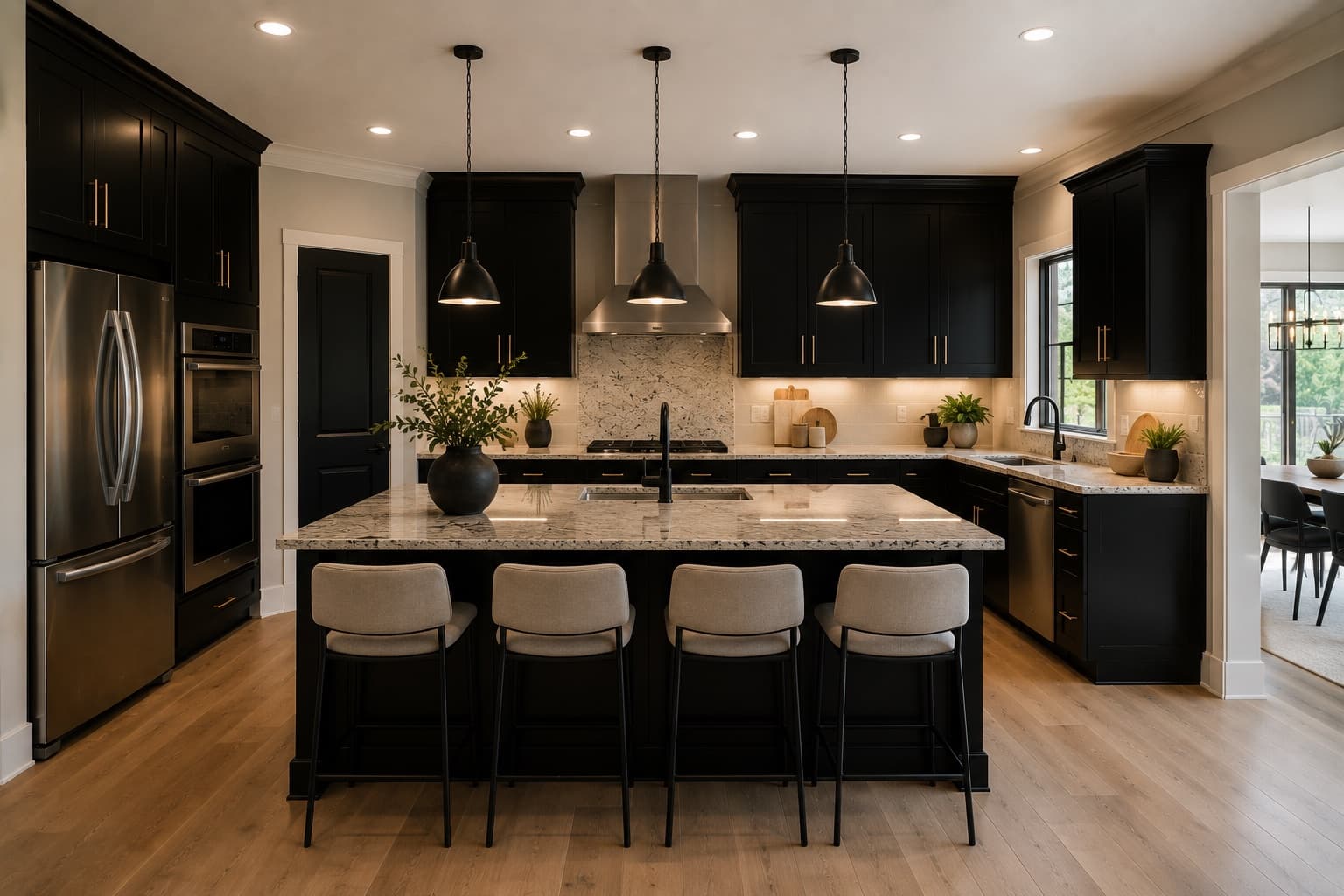 Kitchen cabinet refinish — black shaker cabinets, granite counters, gold pulls