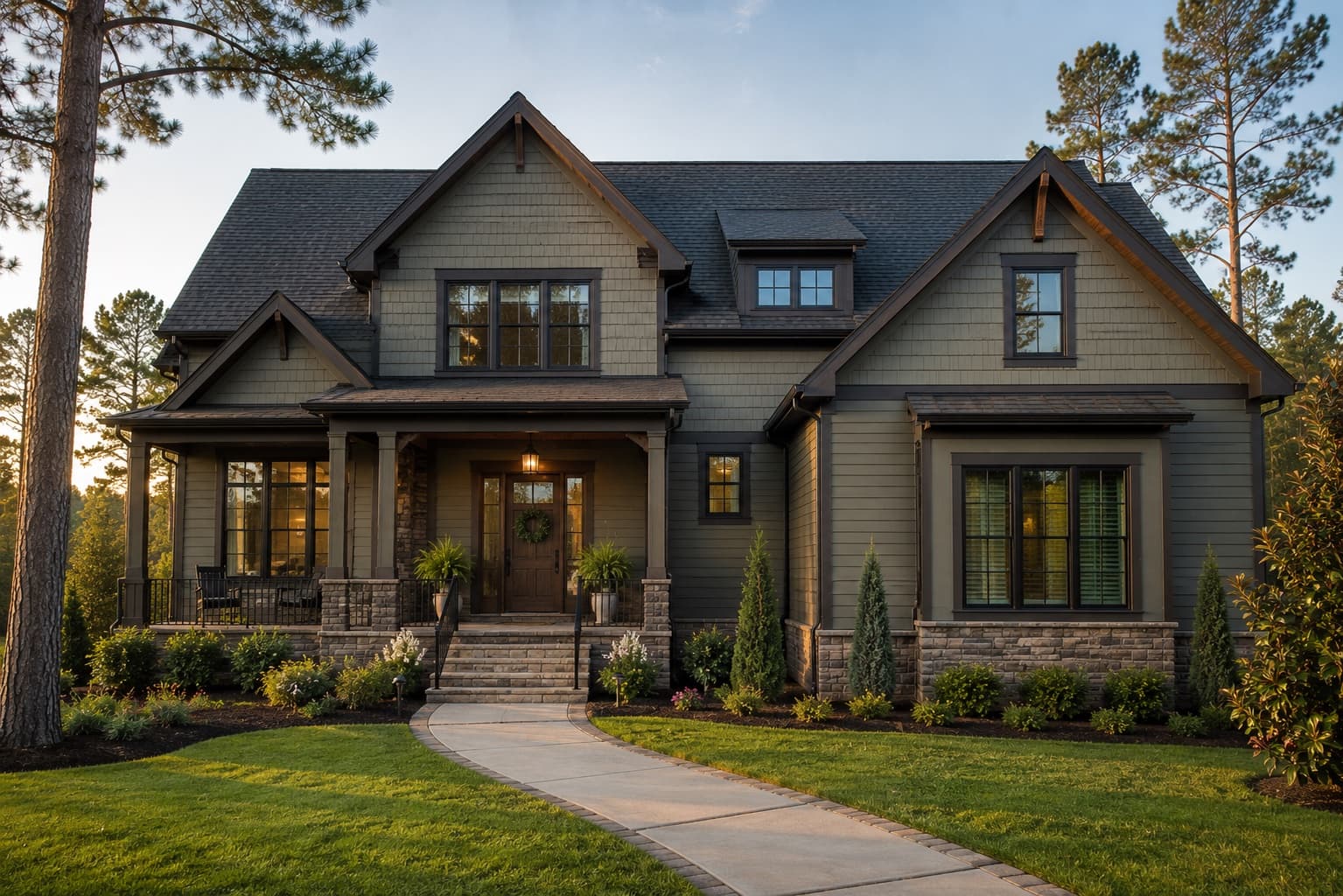 Sage craftsman exterior with stone columns and dark roof in Greenville