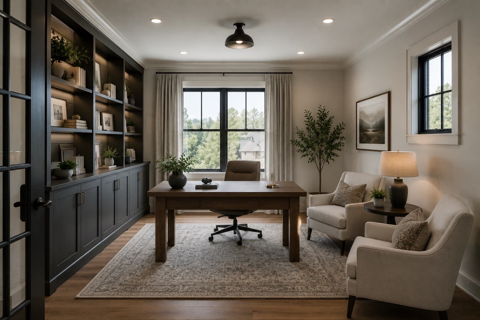 Home office redo on Augusta Road with dark built-ins, desk, and sitting area
