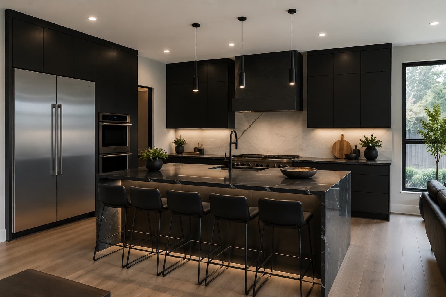 Modern kitchen cabinet refinish with black flat-panel cabinets and stone island in Simpsonville